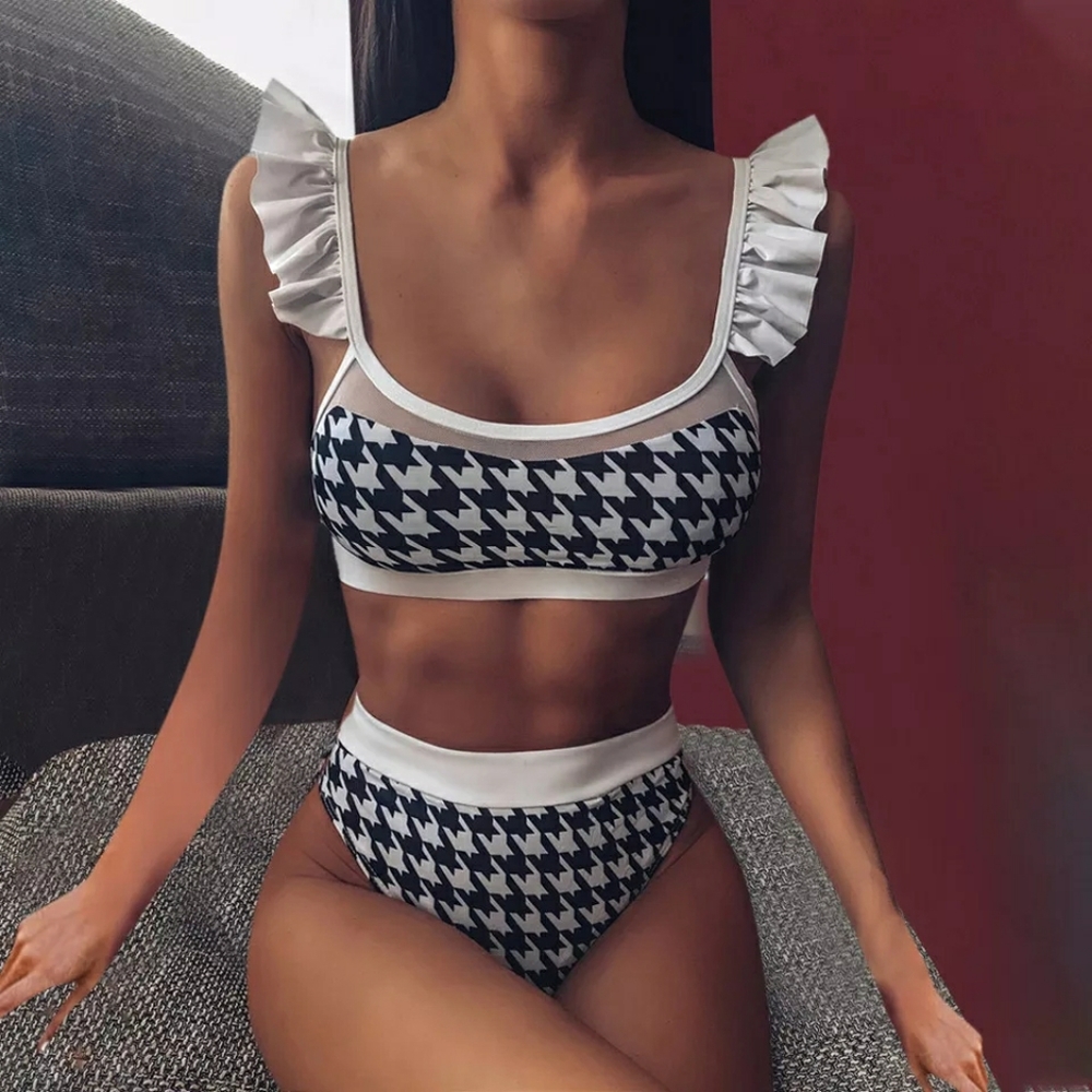 Houndstooth ruffle two piece swimsuit